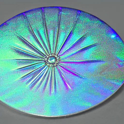 Image similar to scientific archival photography of a peculiar found object made of a unique matte, iridescent fabric material that bends light like a fresnel lens. the object is adorned with a machined silicon chip casing and an intricate detailing of quantum crystal circuits. the object has an inscription on the inner cuff.