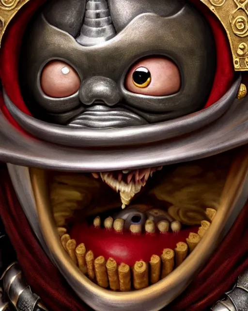 Image similar to highly detailed closeup, face profile portrait of a tin toy matt damon as a medieval demon with horns eating cakes in a castle, hyper realistic, artstation, illustration, nicoletta ceccoli, mark ryden, lostfish, dan decarlo, bob clampett, max fleischer, digital paint, matte paint, vivid colors, detailed and intricate environment