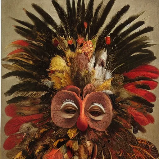 Prompt: a face covered in feathers by giuseppe arcimboldo, oil on canvas