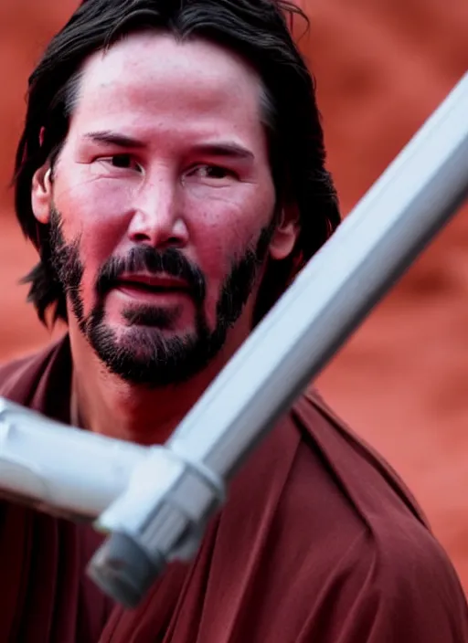 Image similar to close - up keanu reeves as a jedi holding a lightsaber, a red sand desert, 8 k, shallow depth of field, intricate detail,