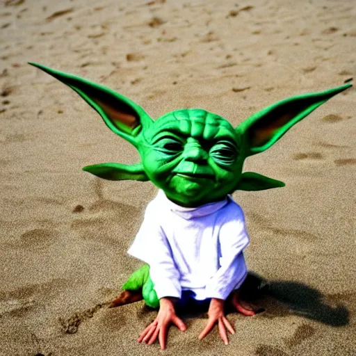 Prompt: sad real life Yoda on a beach, seagulls pecking Yoda’s head