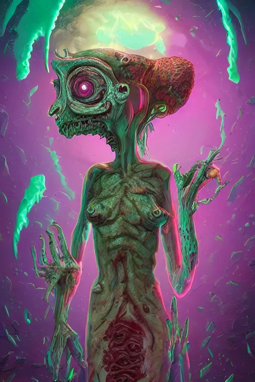 Prompt: rick and morty fused with a lovecraft happy space zombie, one eye dropping out, poltergeist, photo, portrait, 3d, high details, intricate details, by vincent di fate, artgerm julie bell beeple, 90s, Smooth gradients, octane render, 8k, volumetric lightning, High contrast, duo tone, depth of field, very coherent symmetrical artwork