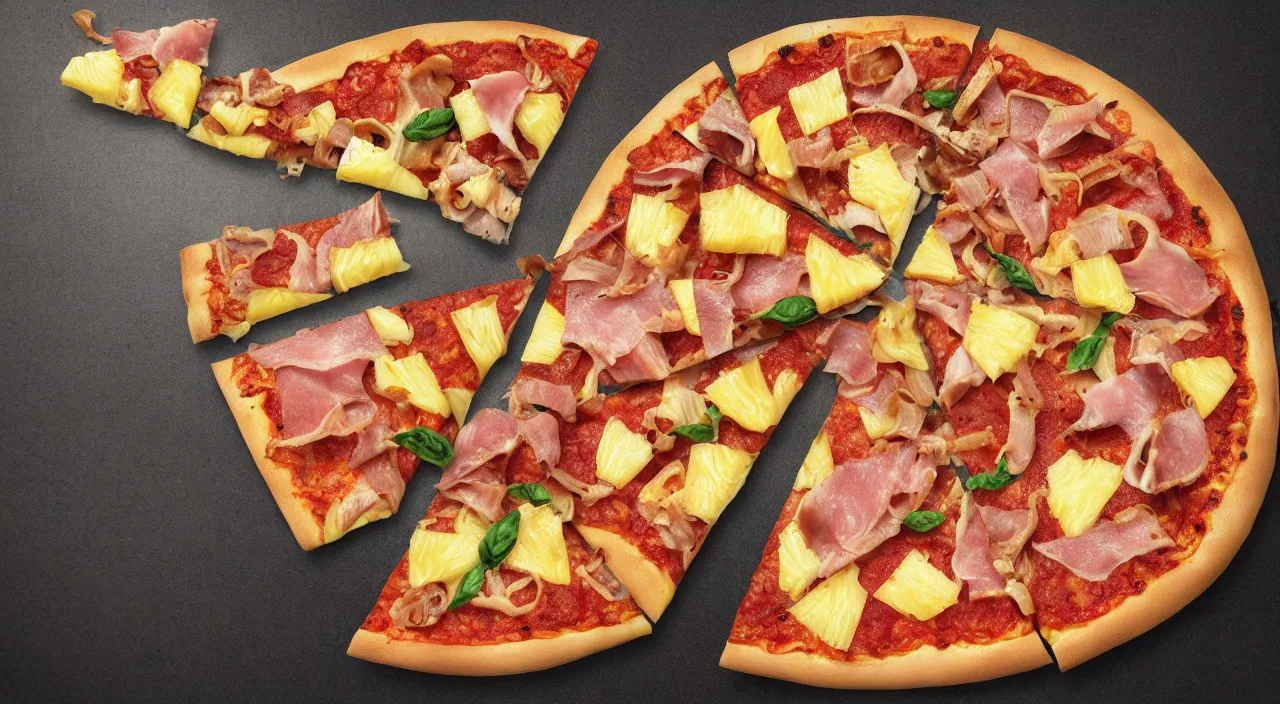 Prompt: one round tasty pizza with pineapple and ham, made in italy, ultra realistic, artstation