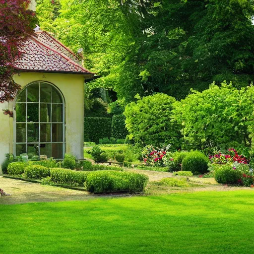 Prompt: serene garden with house in background, high quality, high resolution