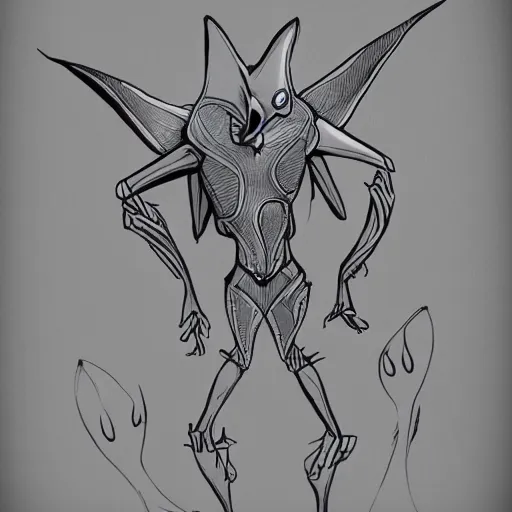 Image similar to design for a character with a manta ray head and arms attached by the back like a large blanket, alien, mutant, peaceful, art by tim shafer from his work on psychonauts by double fine, in collaboration with vivienne medrano, pencil sketches, professional art