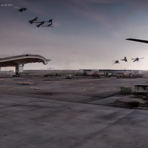 Image similar to photo of a 8k ultra realistic abandoned airport with hundreds of planes, planes, wreck, jets, sunset, cinematic lighting, trending on artstation, enreal engine 5, masterpiece, concept art