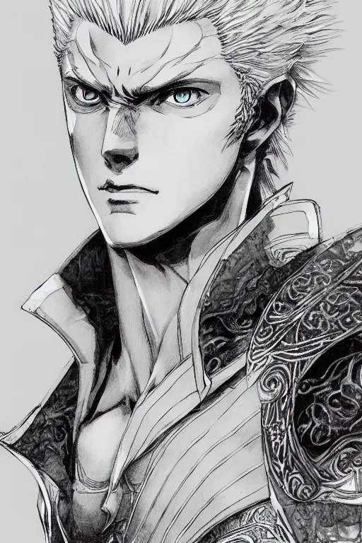 Prompt: Anime portrait of Vergil from DMC, pen and ink, intricate line drawings, by Craig Mullins, Ruan Jia, Kentaro Miura, Artgerm