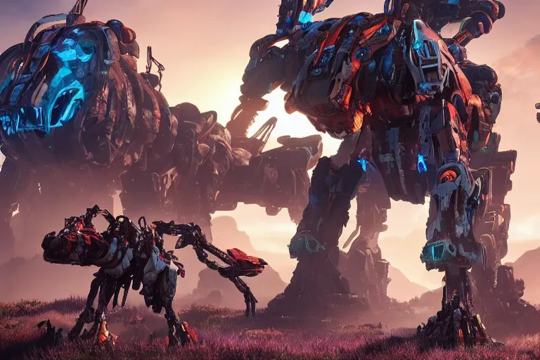 Image similar to thunderjaw machine mecha animal beast robot of horizon forbidden west horizon zero dawn bioluminiscence global illumination ray tracing hdr fanart arstation by sung choi and eric pfeiffer and gabriel garza and casper konefal