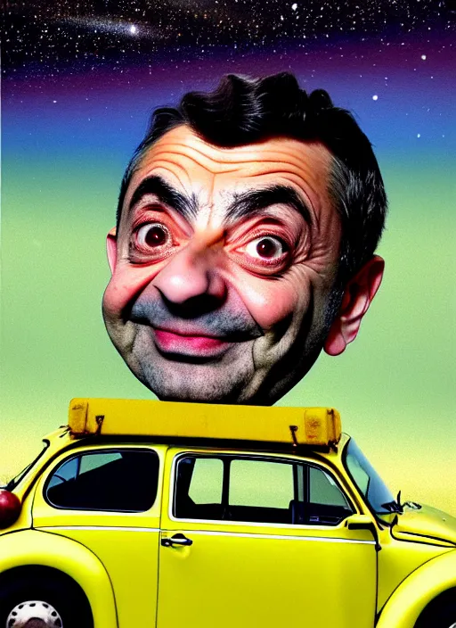 Image similar to hyper detailed 3d render like a Oil painting muted colors - slightly silly portrait of Rowan Atkinson cross eyed as Mr. Bean atop his yellow beetle in Aurora seen tickling of the Strangling network of yellowcake aerochrome and milky Fruit and Her delicate Hands hold of gossamer polyp blossoms bring iridescent fungal flowers whose spores black the foolish stars by Jacek Yerka, Mariusz Lewandowski, Houdini algorithmic generative render, Abstract brush strokes, Masterpiece, Edward Hopper and James Gilleard, Zdzislaw Beksinski, Nicoletta Ceccoli, Wolfgang Lettl, hints of Yayoi Kasuma, octane render, 8k