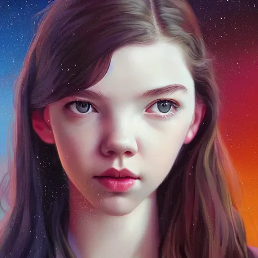 Image similar to a beautiful scenic painting of a beautiful young girl that looks like anya taylor - joy by artgerm and wlop and wes anderson and spike jonze