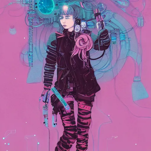Image similar to wielding pose, portrait of a grungy cyberpunk anime, very cute, by super ss, cyberpunk fashion, curly pink hair, night sky by wlop, james jean, victo ngai, muted colors, highly detailed