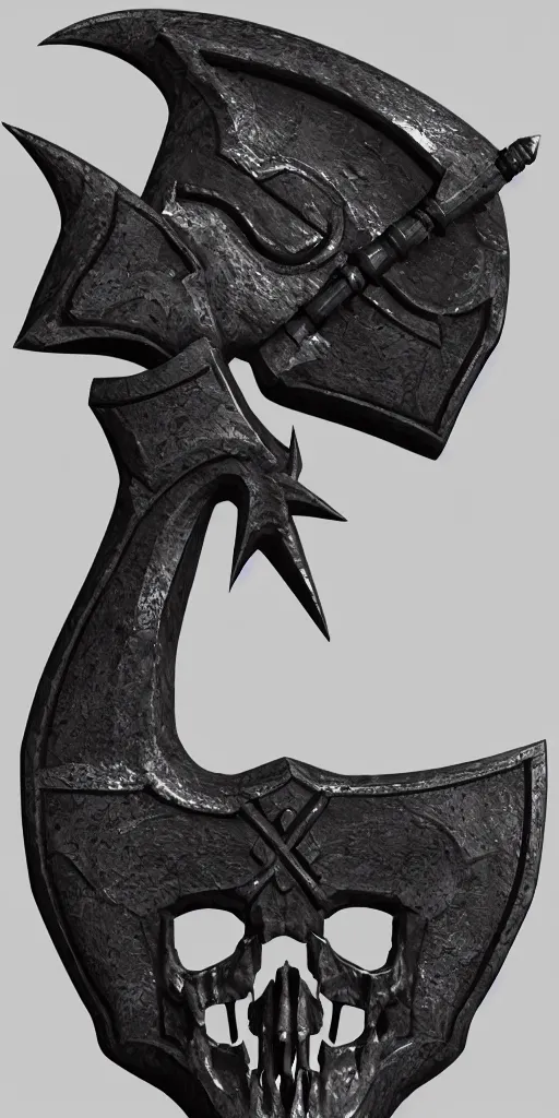 Image similar to a black and silver axe skull crest, ornament, weapon, render by dom qwek, trending on polycount, artstation, hard surface modeling