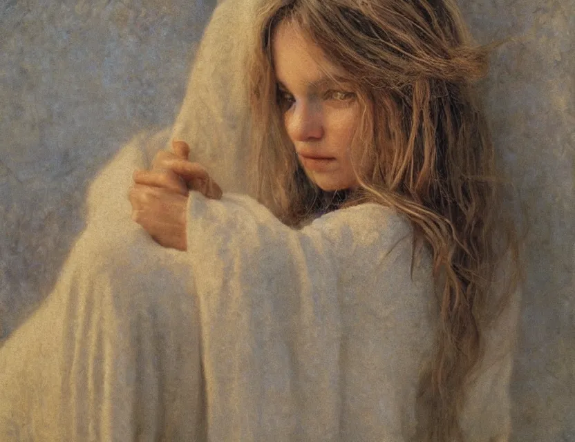 Image similar to peasant girl with long hair yarn knitting, cottage core, cinematic focus, polaroid photo bleached vintage pastel colors high - key lighting, soft lights, foggy, by steve hanks, by lisa yuskavage, by serov valentin, by tarkovsky, 8 k render, detailed, oil on canvas