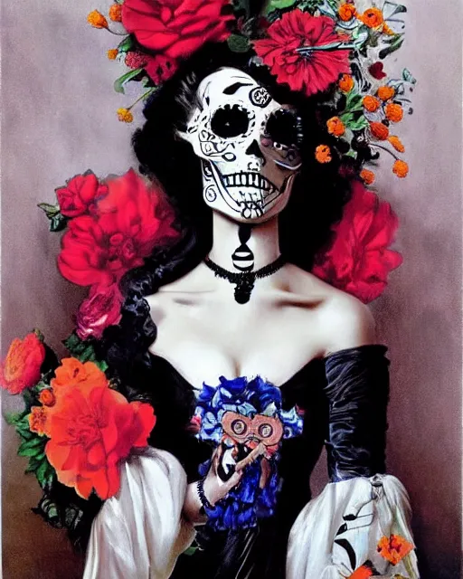 Image similar to a cute Día de los Muertos girl posing by Annie Leibovitz, Poster art by J. C. Leyendecker