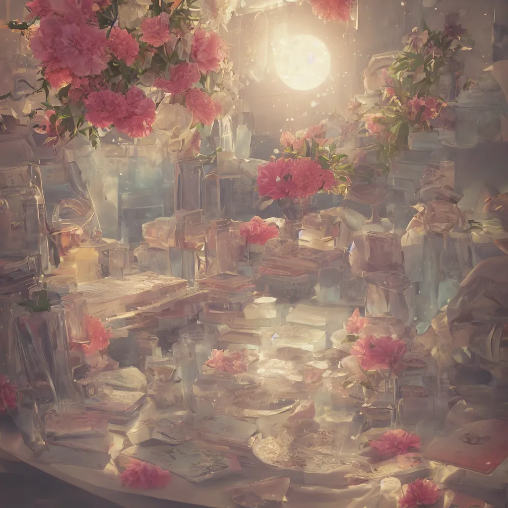 Image similar to cold drinks, ice cream, peach embellishment, books and flowers, trending on makoto shinkai, dreamy, soft, global illumination, radiant light, intricate environment, luminescence, highly detailed, 8 k