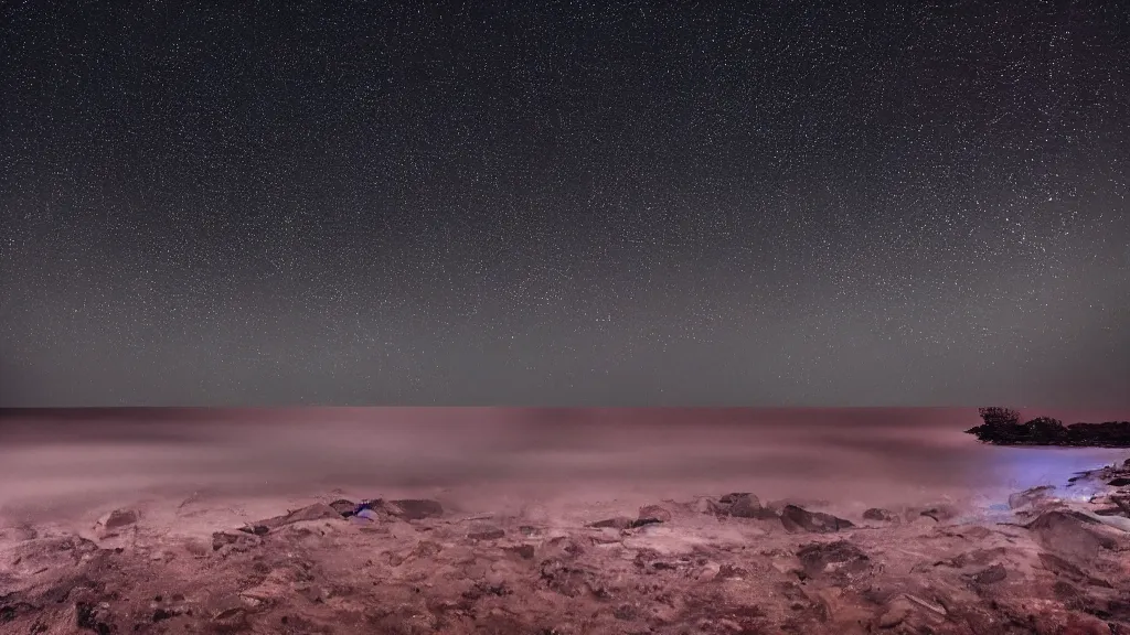 Image similar to Nikon D810 | ISO 800 | focal length 20mm (Voigtländer 20mm f3.5) | Aperture f/9 | Exposure Time 1/20 Sec (DRI 8k ultra realistic night time photography of a mystical cosmic night sky with red smoke and, a perfect big full moon!!!, A glimpse through a small gap in the dark green dense foliage!!!! and overgrowth and the trees!! of the huge full moon over water in a dark sky. wreathed in red smoke!!!, mist, starlight, night-time, volumetric lighting, dark enclosed, cozy, quiet forest night scene, spangled, cosmic