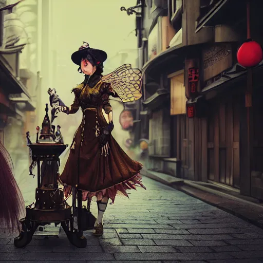 Image similar to steampunk witch making potions in the streets of japan, fairy tale, stunning, surrounding cinematic light, hyper detailed, ornate and intricate, 4 k cinematic octane render