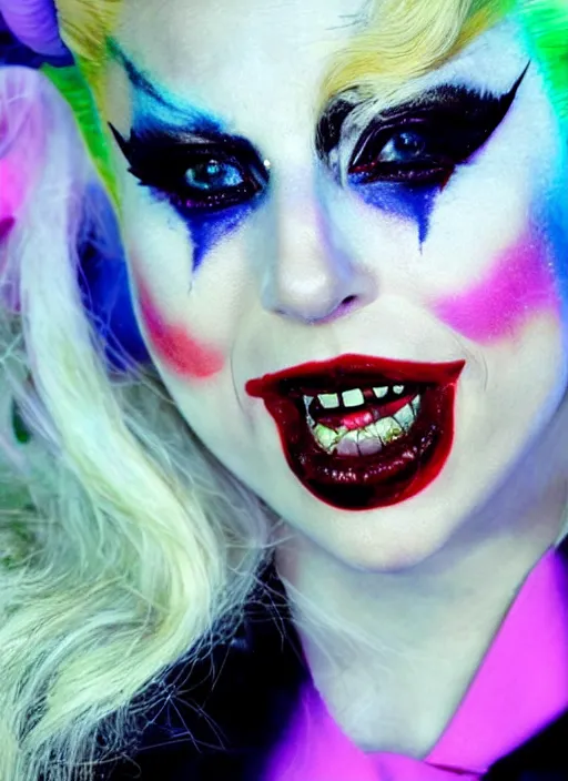 Image similar to portrait of Lady Gaga portraying Harley Quinn while dancing in the movie Joker 2023, dramatic cinematic lighting, extremely detailed facial features, award winning photograph by Annie Leibovitz, 8k