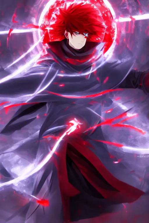 Image similar to anime guy with red hair in black cloak holding a red energy vortex, anime fight, wlop, concept art, digital painting, trending on artstation, highly detailed, epic composition, 8 k uhd