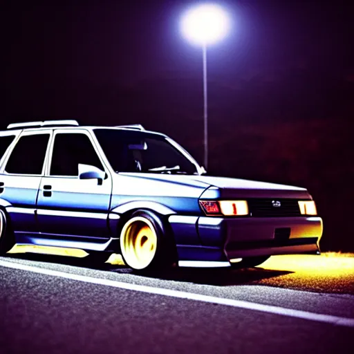 Prompt: 1990s subaru forester drift at illegal car meet, Chiba prefecture, city midnight mist lights, cinematic lighting, photorealistic, highly detailed wheels