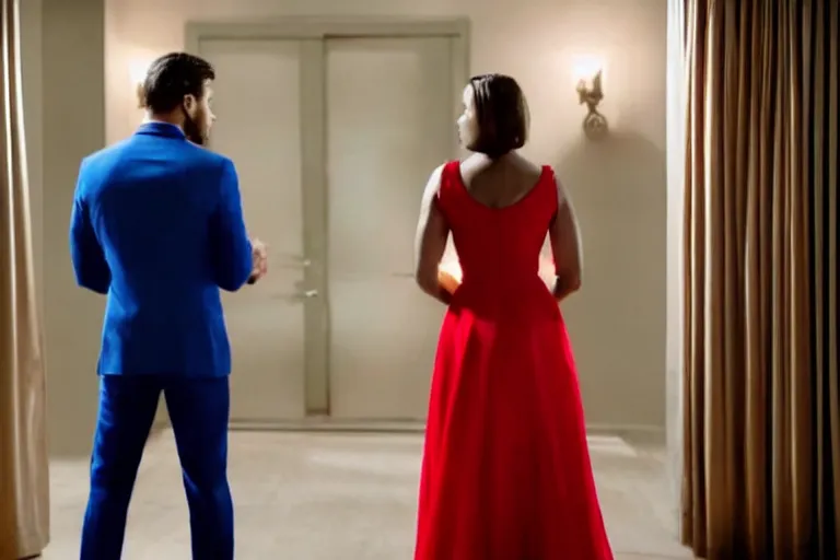 Prompt: full body film still of a man longingly looking at a woman in a red dress as a woman in a blue dress looks dissapointedly at the man in the new romance movie, dramatic angle, dramatic lighting