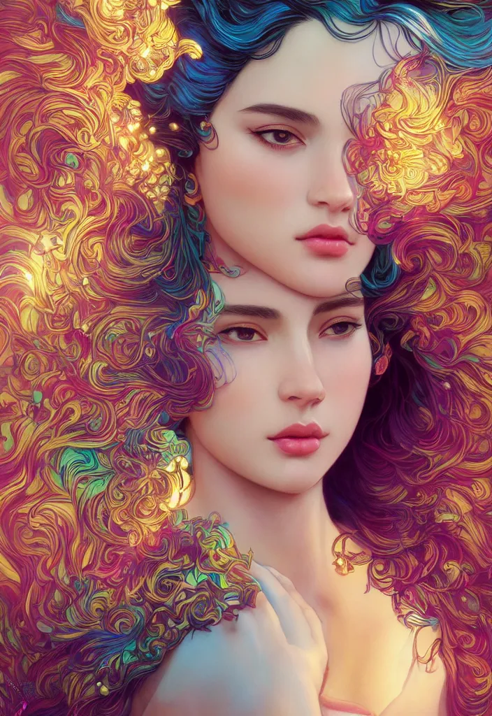 Prompt: beautiful, young woman, detailed gorgeous face, vaporwave aesthetic, synthwave, colorful, psychedelic, water droplets, feathers, crown, artstation, concept art, smooth, extremely sharp detail, finely tuned detail, ultra high definition, 8 k, unreal engine 5, ultra sharp focus, illustration, art by artgerm and greg rutkowski and alphonse mucha