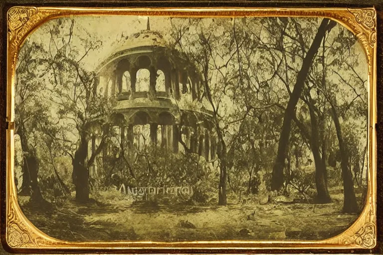 Image similar to daguerreotype depicting a temple of chaos mosque of perfection pantheon of frenzy house of iorr temple of aus the mirror garden the origin realm the true tree