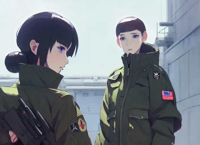 Prompt: soldier girl, wearing big bomber jacket with military gear, big bomber jacket with camo patterns, gapmoe yandere grimdark, trending on pixiv fanbox, painted by greg rutkowski makoto shinkai takashi takeuchi studio ghibli, akihiko yoshida, gta 5