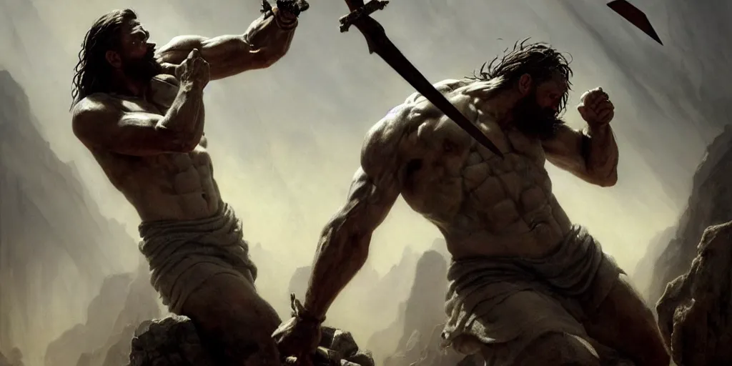 Image similar to realistic painting of biblical Cain stabbing Abel in the chest with a spear, a stone altar with white smoke ascending in the background, masculine and rugged, inspired art by Frazetta + facial symmetry + dramatic volumetric lighting, 8k octane render, intricate, epic composition, grim yet sparkling atmosphere, cinematic lighting + masterpiece, trending on artstation, very detailed, masterpiece, stunning