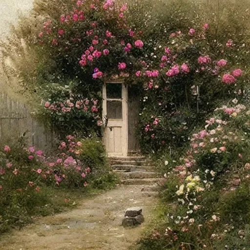 Image similar to (((((((victorian english cottage with a stone path and a flower garden))))))) . muted colors. by Jean-Baptiste Monge !!!!!!!!!!!!!!!!!!!!!!!!!!!!!!!!!!!!!!!!