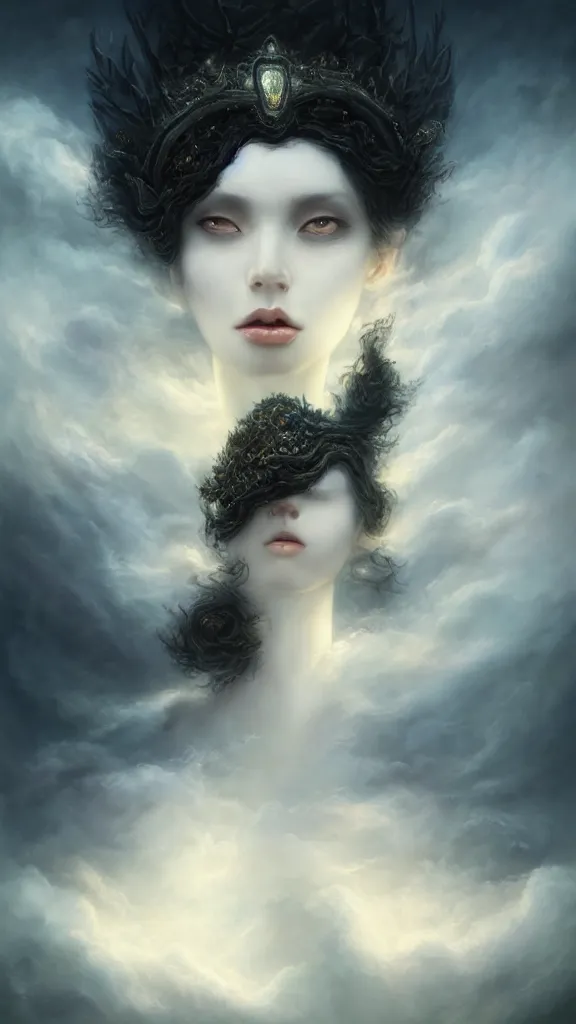 Image similar to a woman with very black hair and pale skin with a crown on her head walking on the clouds, in the style of tomasz alen kopera and fenghua zhong and peter mohrbacher, mystical colors, rim light, beautiful lighting, 8 k, stunning scene, raytracing, octane, trending on artstation,