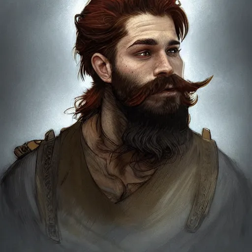 Prompt: portrait of a rugged ranger, 25 years old, beard, male, masculine, upper body, red hair, long hair, soft hair, D&D, fantasy, intricate, elegant, highly detailed, digital painting, artstation, concept art, matte, sharp focus, illustration, art by Artgerm and Greg Rutkowski and Alphonse Mucha