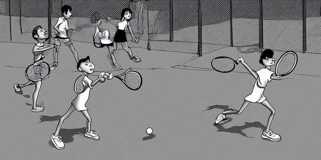 Prompt: digital art of anatomically correct kids playing tennis by quino