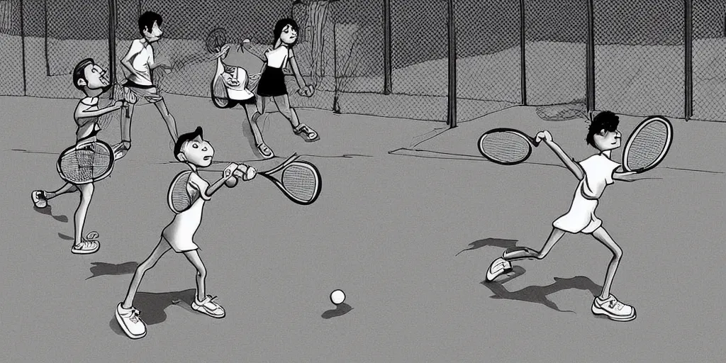 Image similar to digital art of anatomically correct kids playing tennis by quino