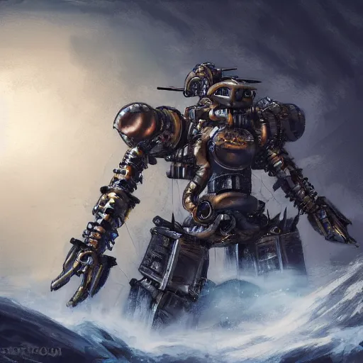 Image similar to portrait concept painting of a rampaging ashigaru mecha construct, on an icy mountaintop, moonlight, of bamboo, laquer and steel, steampunk - inspired by brian froud and greg rutkowski and jessica rossier