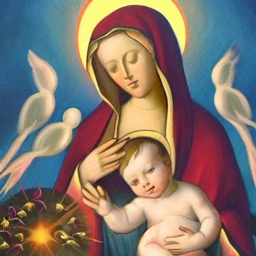 Prompt: oil painting virgin mary holding baby jesus surrounded by doves and glowing moon in back