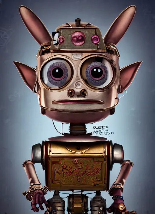 Image similar to closeup portrait of tin toy robot goblin trap, depth of field, zeiss lens, detailed, symmetrical, centered, fashion photoshoot, by nicoletta ceccoli, mark ryden, lostfish, breathtaking, 8 k resolution, extremely detailed, beautiful, establishing shot, artistic, hyperrealistic, octane render