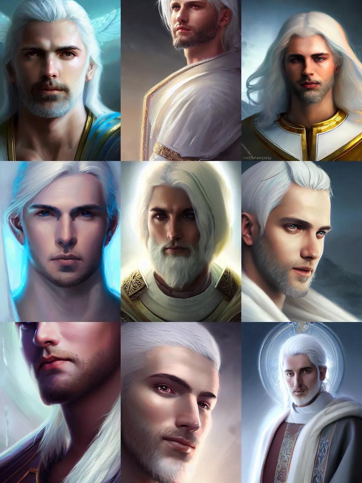 Prompt: closeup portrait of a beautiful calm and pious male aasimar cleric with white hair a halo above his head wearing white vestments under armor, by Raymond Swanland Greg Rutkowski Lise Deharm, intricate, masterpiece, sharp, digital art, full head, ArtStation, CGStation, 8k