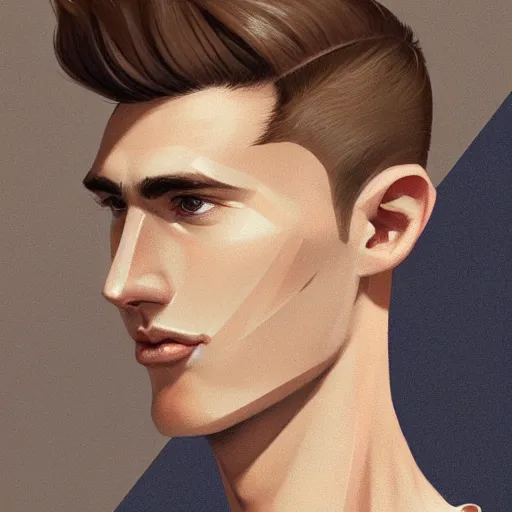 Image similar to tall man in his twenties with brown blond short quiff hair and thin slightly round facial structure with cleft chin, straight eyebrows and prominent nose, good definition of cheekbones, big hazel nut brown eyes, narrow face, slim body, atmospheric lighting, painted, intricate, 4 k, highly detailed by charlie bowater