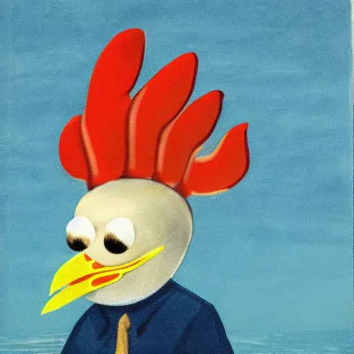 Image similar to chicken humanoid with a headache, on a flight over the sea