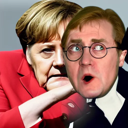 Image similar to the creation of adam, but with angela merkel and harry potter faces instead, high quality