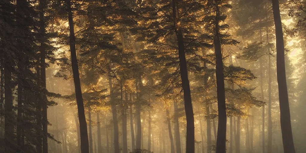 Image similar to swedish forest, dawn, hazy, fog, golden hour, sunlight, beautiful!!!!!!!!!, greg rutkowski, cinematic, atmospheric