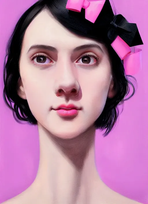 Image similar to portrait of high school girl, realistic, black hair, bangs, half updo hairstyle, pointy nose, skinny, smile, ugly, defined jawline, big chin, pink hair bow, earrings, intricate, elegant, glowing lights, highly detailed, digital painting, artstation, sharp focus, illustration, art by wlop, mars ravelo and greg rutkowski