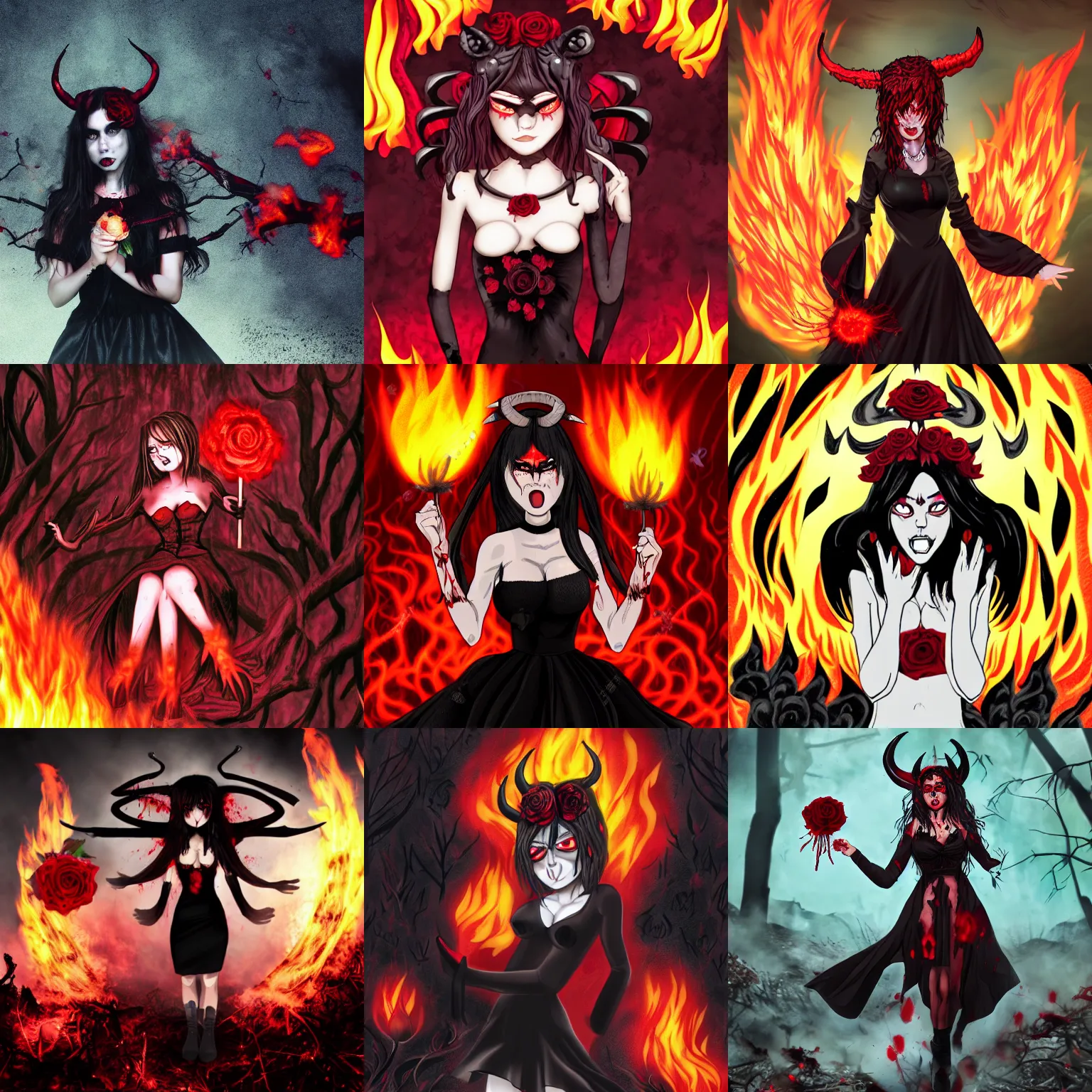 Image similar to super mad demon girl extreme anger with demon horns in a pretty black dress covered in blood with a rose in her hand in front of a destroyed forest in flames, super high detail picture