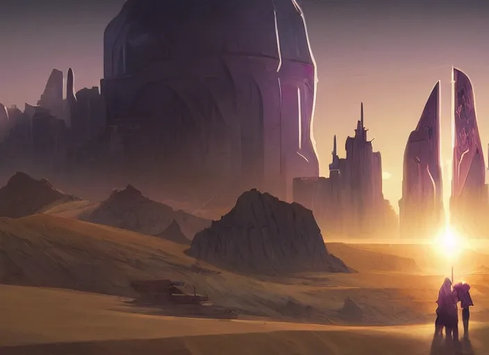 Image similar to science fiction wallpaper, pc game, point - and - click adventure, daedalic entertainment, desert with city in the skyline, two suns, purple orange colors, sharp focus, illustration, highly detailed, digital painting, concept art, matte, art by wlop and artgerm and greg rutkowski and alphonse mucha, masterpiece