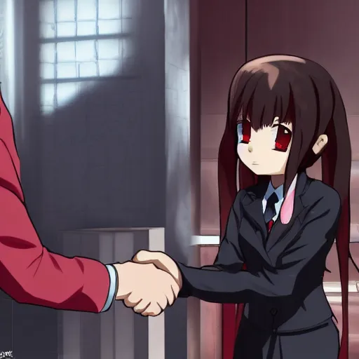 Prompt: agent 47 shaking hands with a kawaii anime girl, incredibly detailed