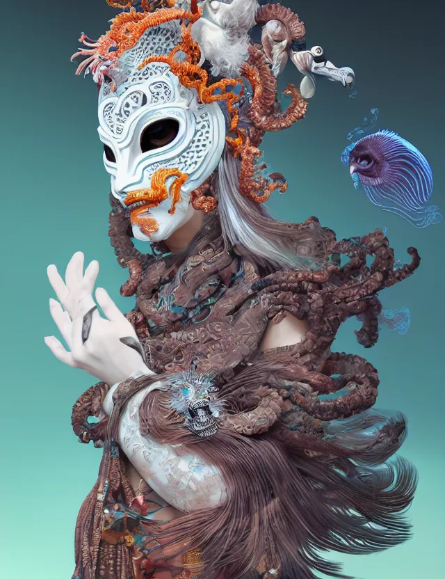 Image similar to 3 d goddess half - turn portrait with ram skull. beautiful intricately detailed japanese crow kitsune mask and clasical japanese kimono. betta fish, jellyfish phoenix, bio luminescent, plasma, ice, water, wind, creature, artwork by tooth wu and wlop and beeple and greg rutkowski