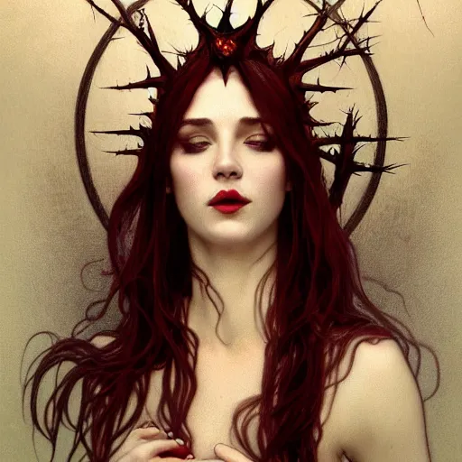 Prompt: portrait of beautiful vampire, rose thorn crown, thorns everywhere, headshot, pale skin, 4k, rule of thirds, extreme detail, detailed drawing, trending artstation, hd, fantasy, D&D, realistic lighting, by Alphonse Mucha, Greg Rutkowski, sharp focus, backlit, bright red hair, closed eyes, realistic, head looking up