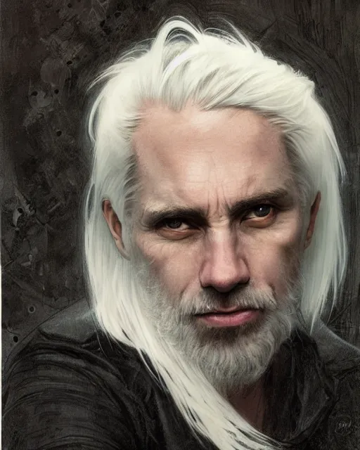 Image similar to portrait of 4 0 - year - old man with white hair with a pale complexion, pointed face and grey eyes, clear smooth face, no beard, wearing all black clothes, haughty facial expression, hyper realistic face, beautiful eyes, close up, fantasy art, in the style of greg rutkowski, intricate, alphonse mucha, hyper detailed, smooth