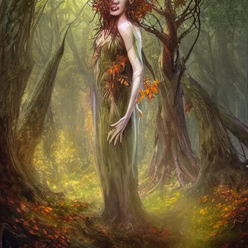 Image similar to portrait of a dryad, in a forest of fey autumn maples, her skin glistens with rainwater, she has a devilish smile and feline eyes, her hair intertwines with roots and foliage by greg rutkowski and brian froud and jessica rossier dark mysterious, filtered evening light